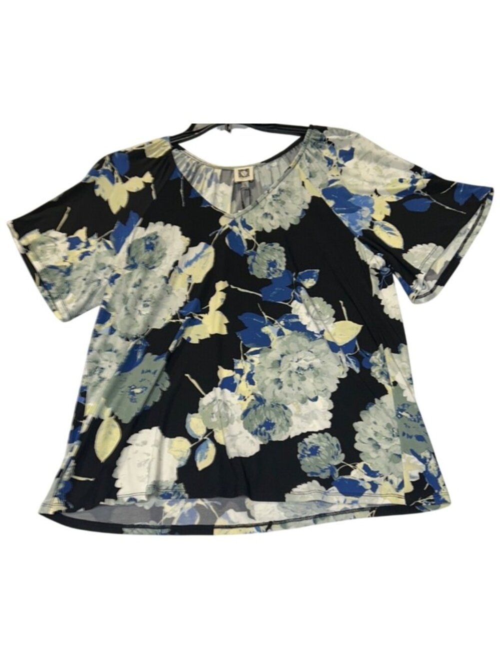 Anne Klein Womens OX Black Multi Floral Knit Top With V-Neckline